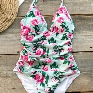 Cupshe Flowery Vale Ruched One Piece Swimsuit - Pink and Green Size XL